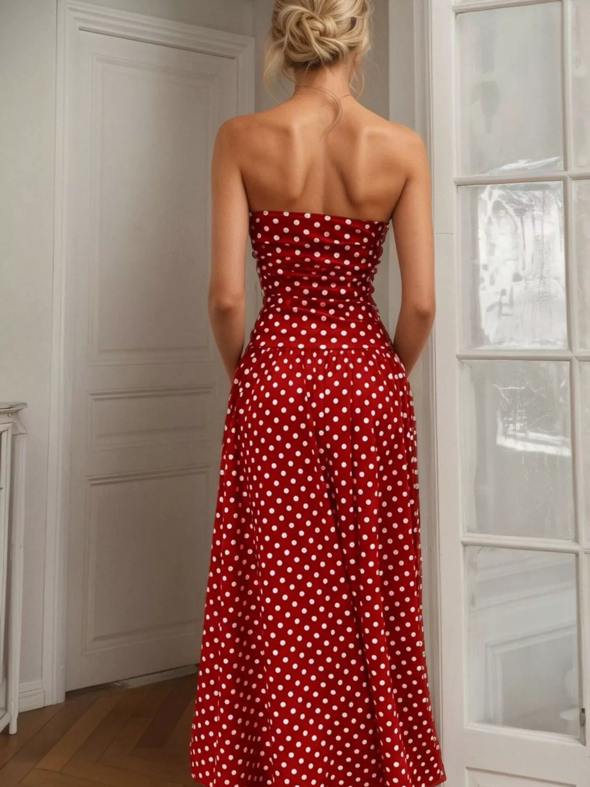 Polka dot strapless maxi dress styled view