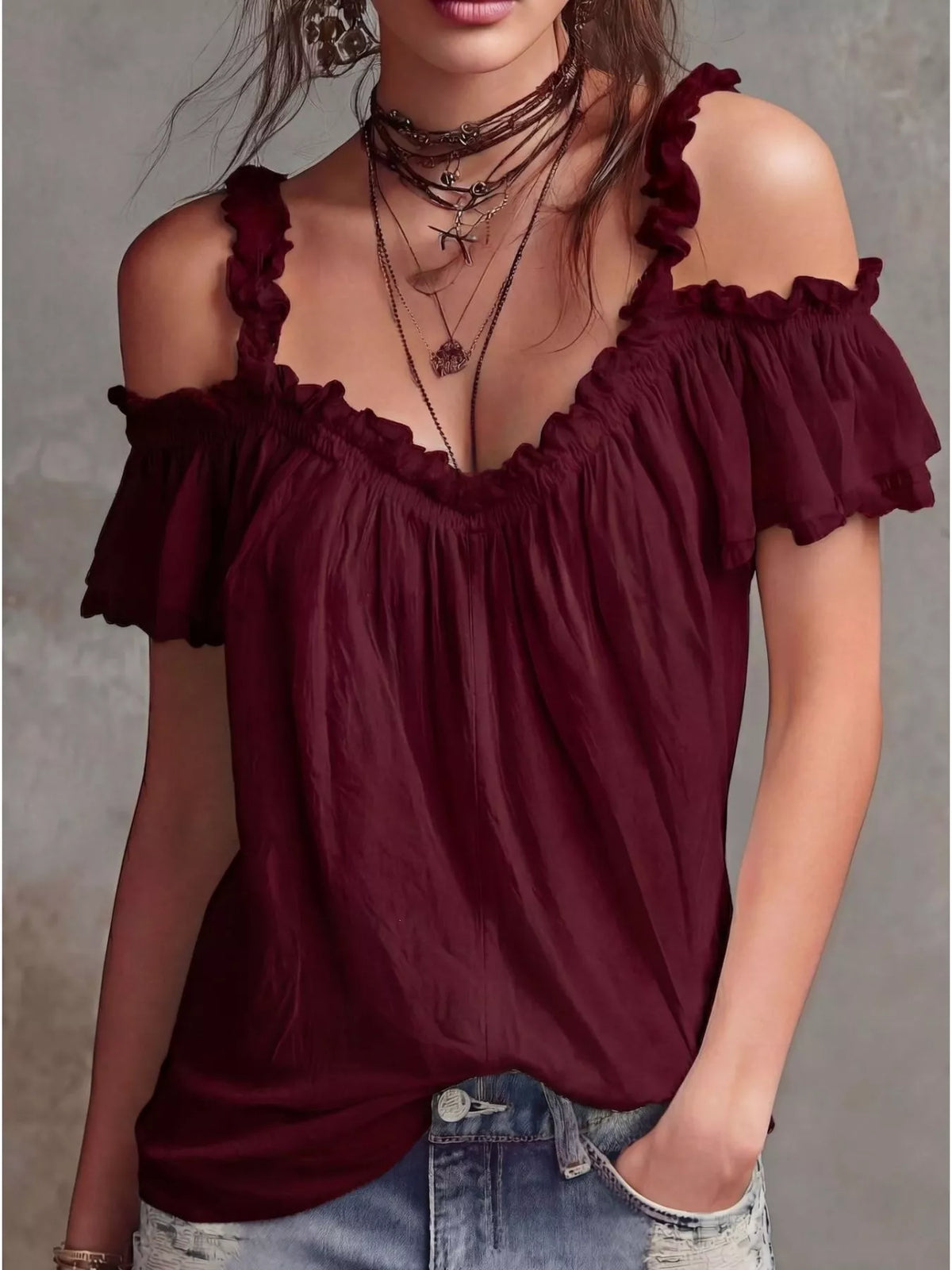 Pink frill cold shoulder blouse front view