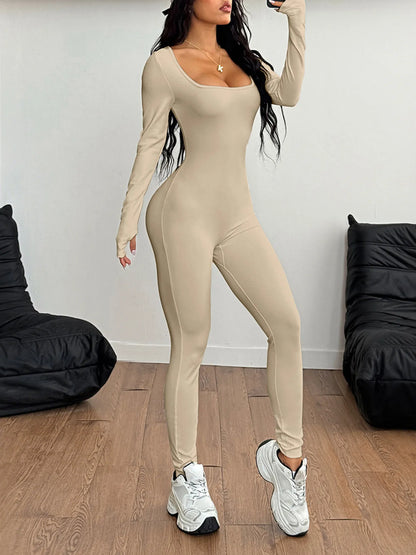 Square Neck Long Sleeve Active Jumpsuit - Fashorio