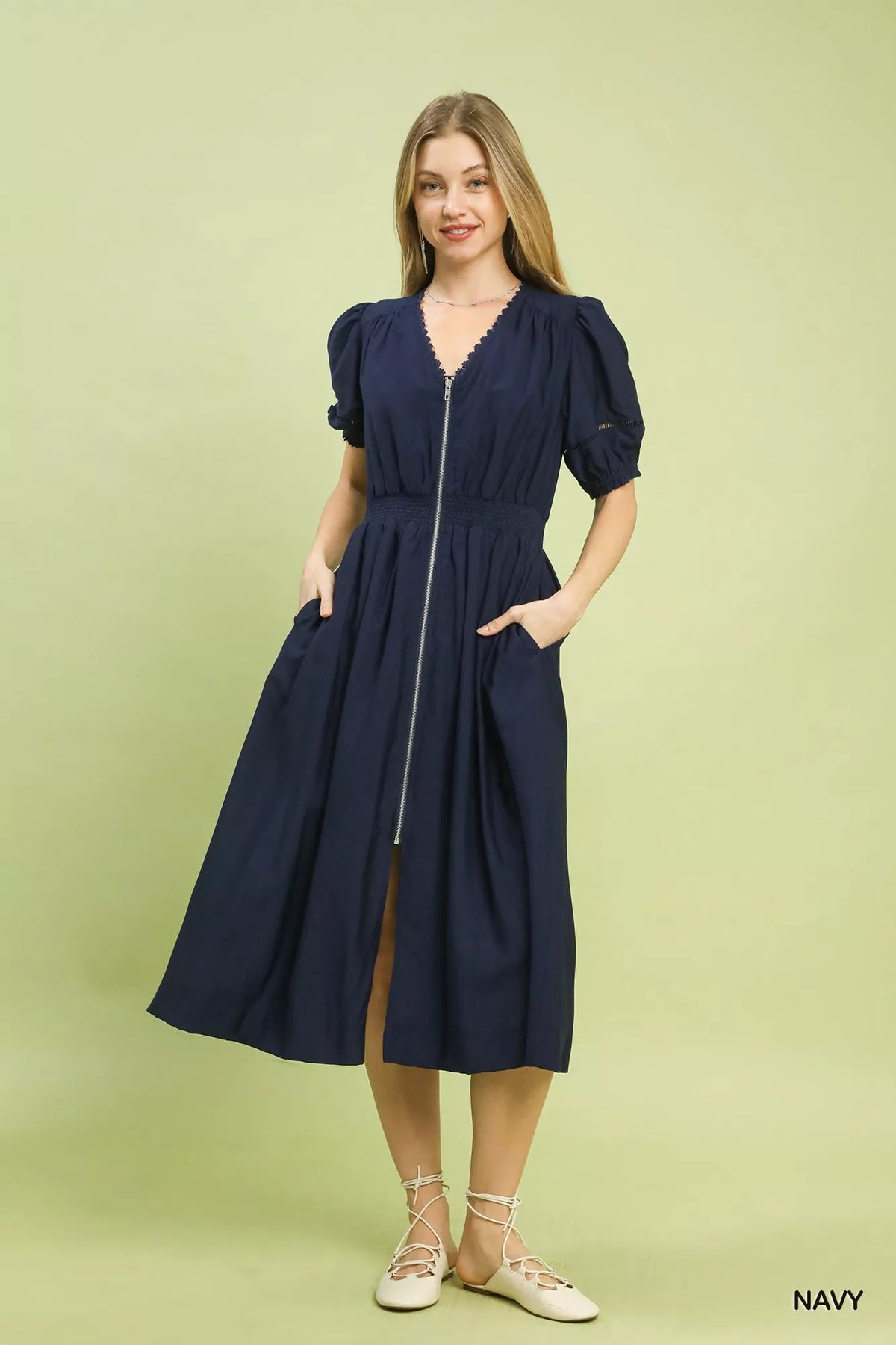 Zip Front Smocked Waist Midi Dress back view