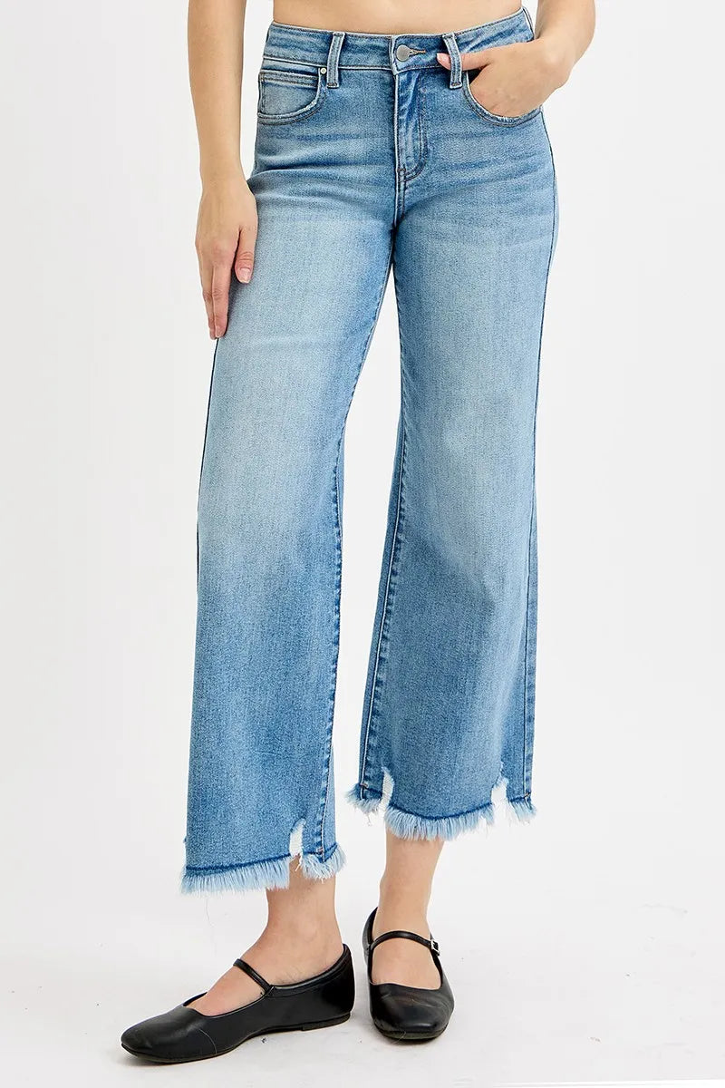 RISEN Full Size Mid Rise Crop Wide Leg Jeans Plus Size LIGHT - Fashorio