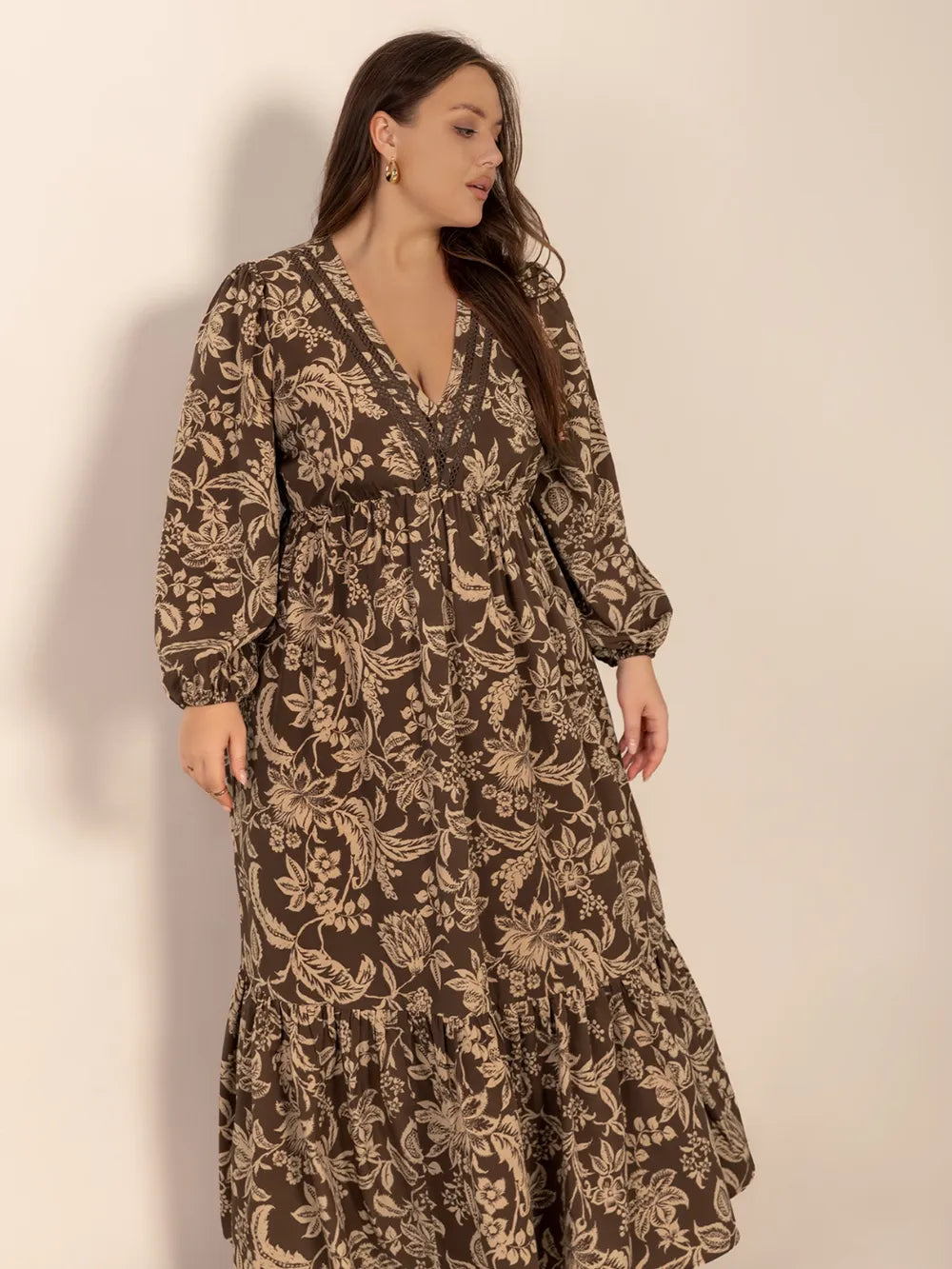 camel plus size printed v neck balloon sleeve maxi dress styled view
