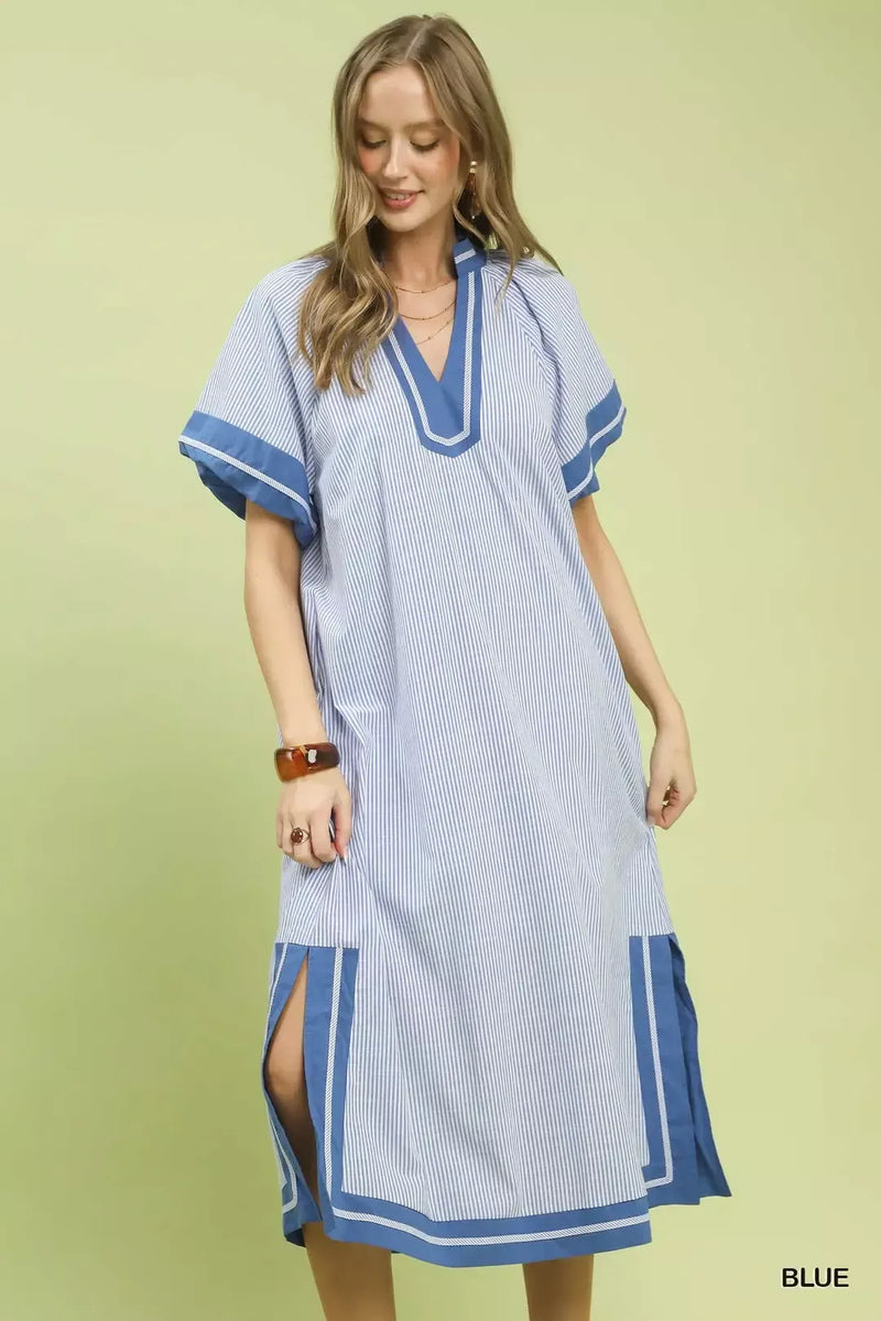 Pinstripe Contrast Trim Midi Dress