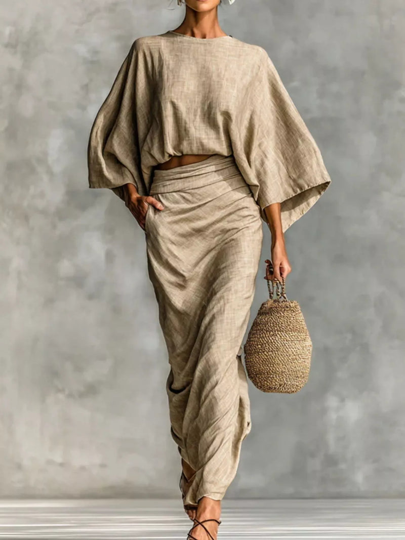 Kimono sleeve top and ruched skirt plus size two piece set front view