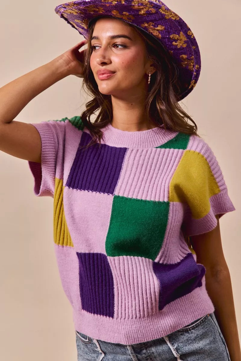 Check Plaid Casual Sweater Top in Lavender on model