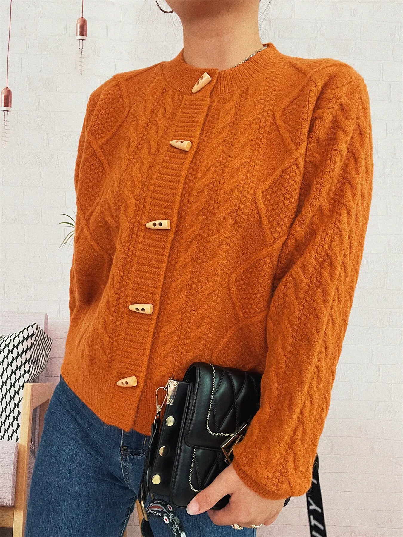 Cable Knit Button-Up Cardigan Orange One Size - Fashorio