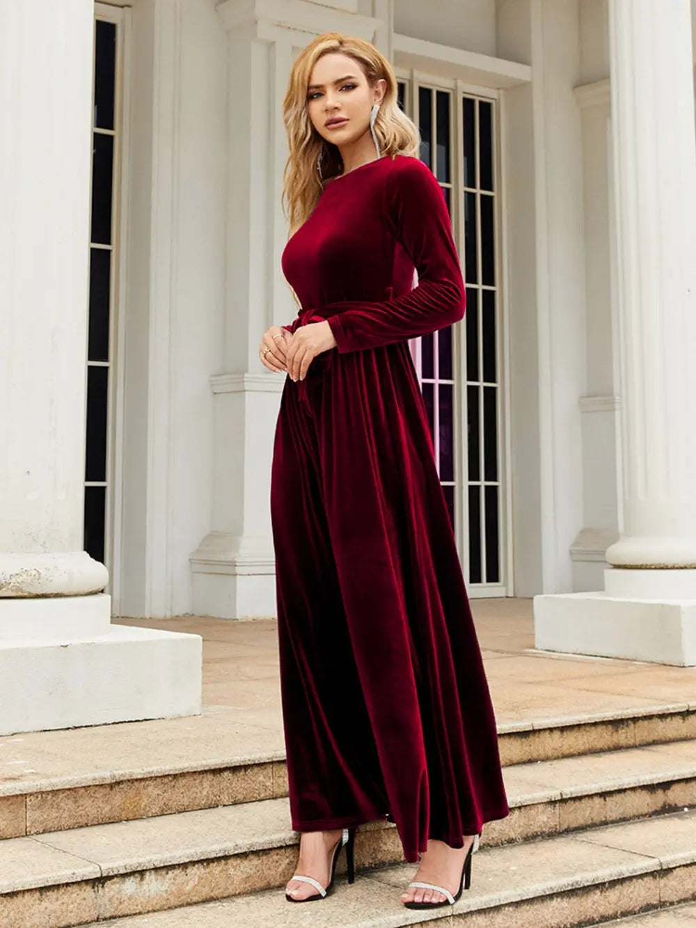 tie front long sleeve maxi dress styled full length look
