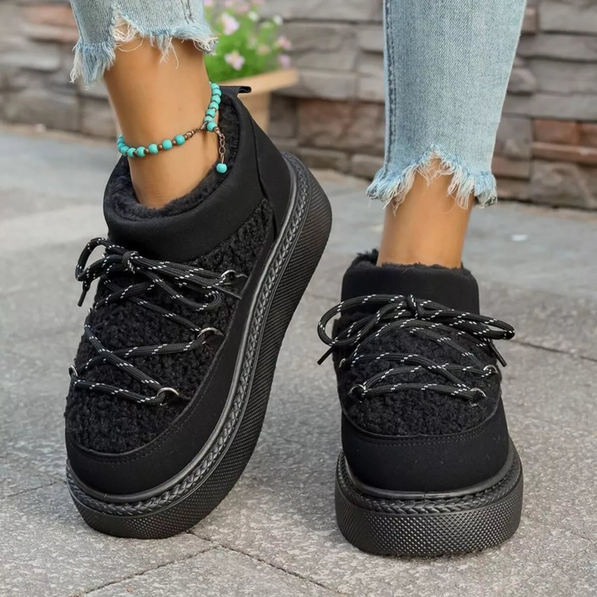 plush lined lace up platform winter boots front view