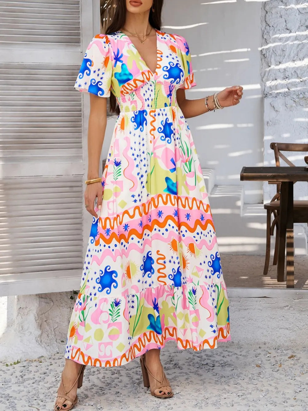 V-neck printed maxi dress in light blue