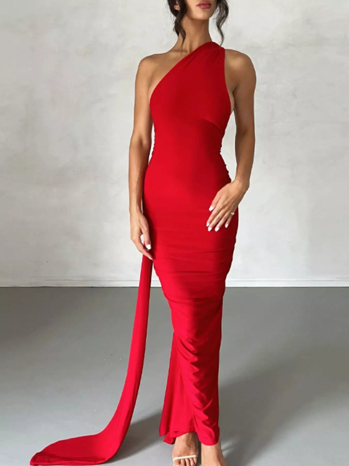 One Shoulder Ruched Bodycon Maxi Dress side view