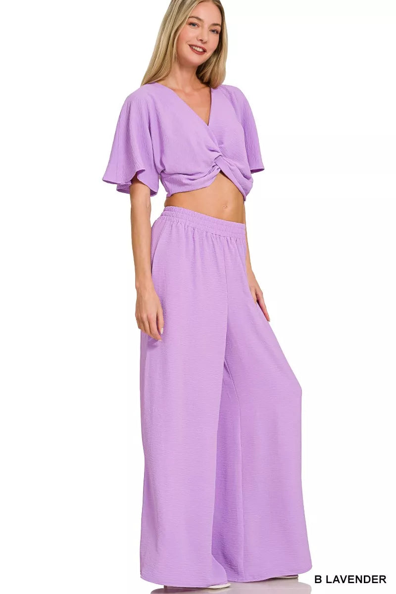 Lavender woven twisted top and wide leg pants set front