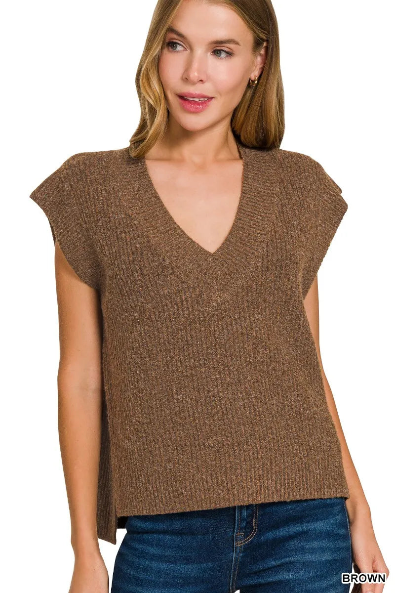 Zenana Oversized Sweater Vest with Side Slit BROWN - Fashorio