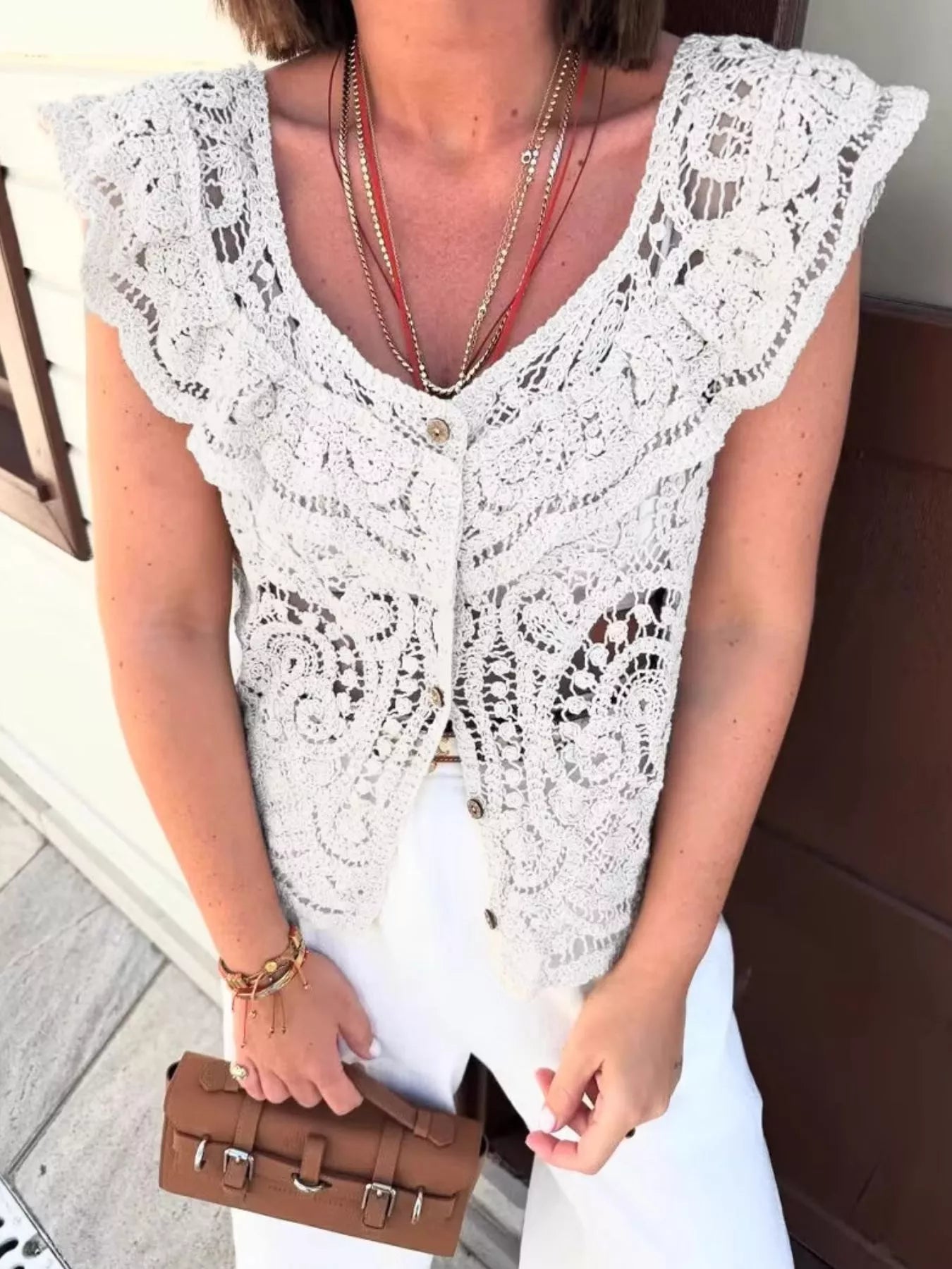 Crochet Lace Button Up Cardigan White One Size - Fashorio