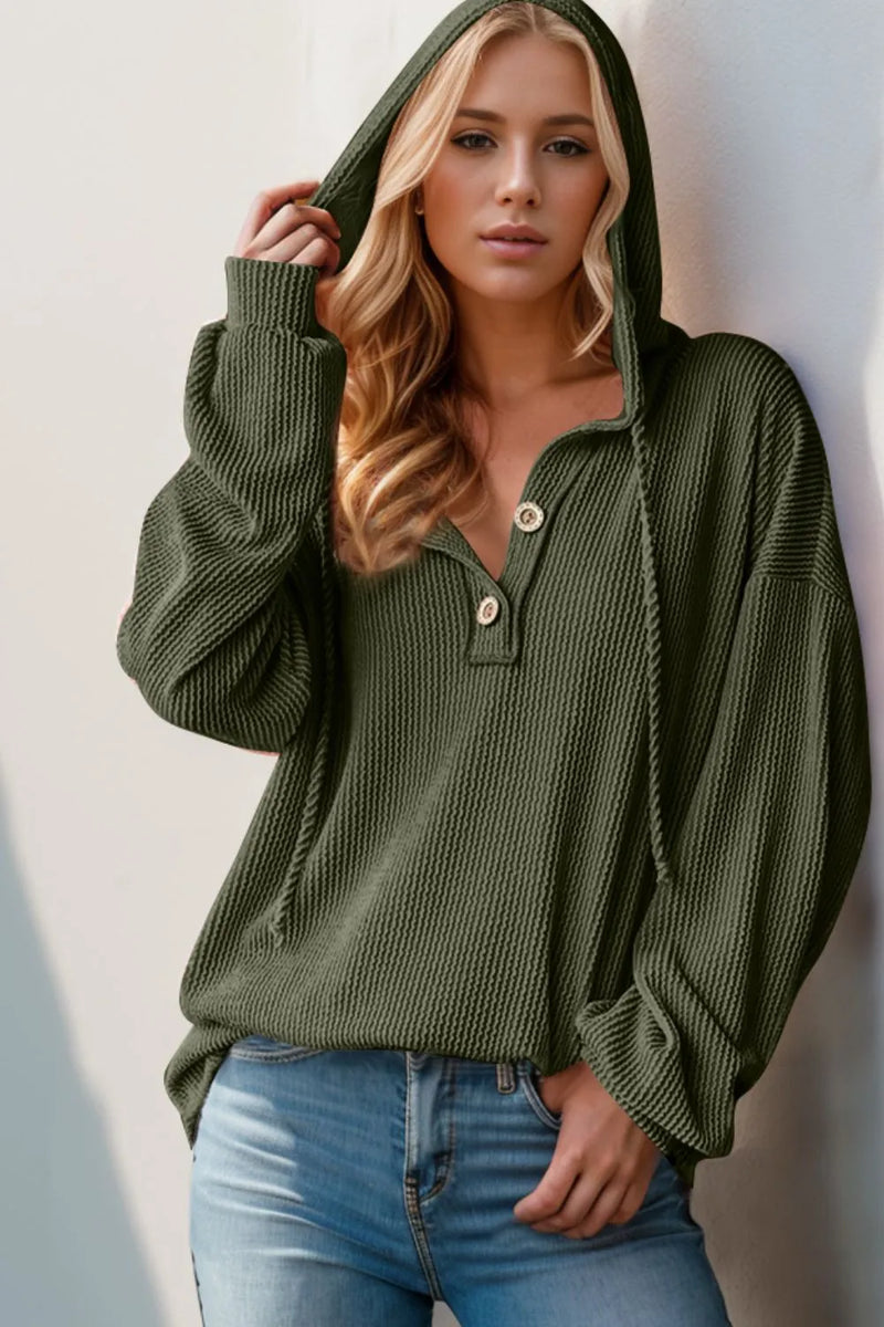 Half button long sleeve hoodie front view
