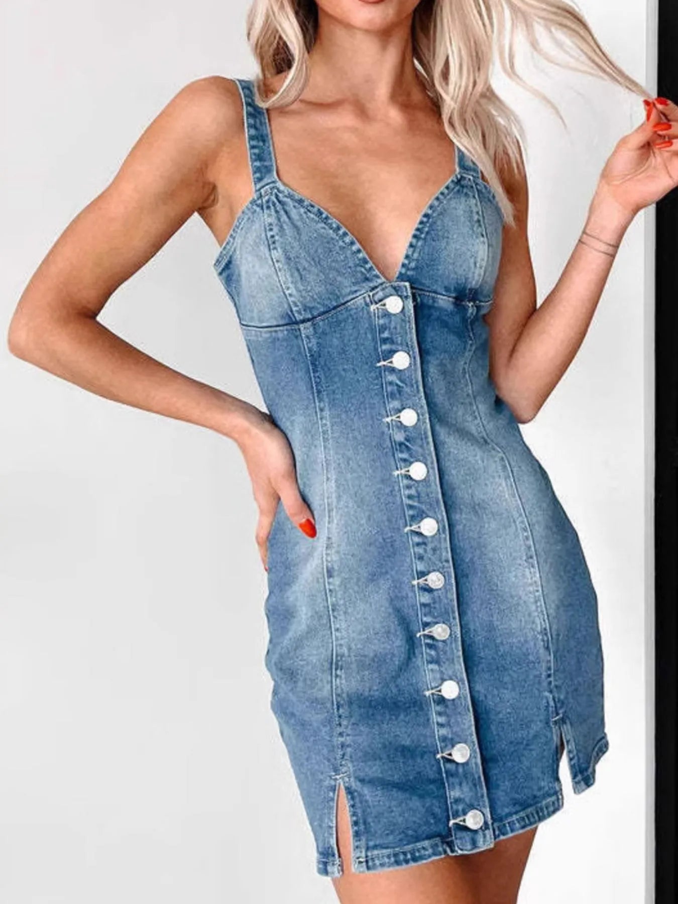 Button Front Sweetheart Neck Denim Mini Dress - Fashorio