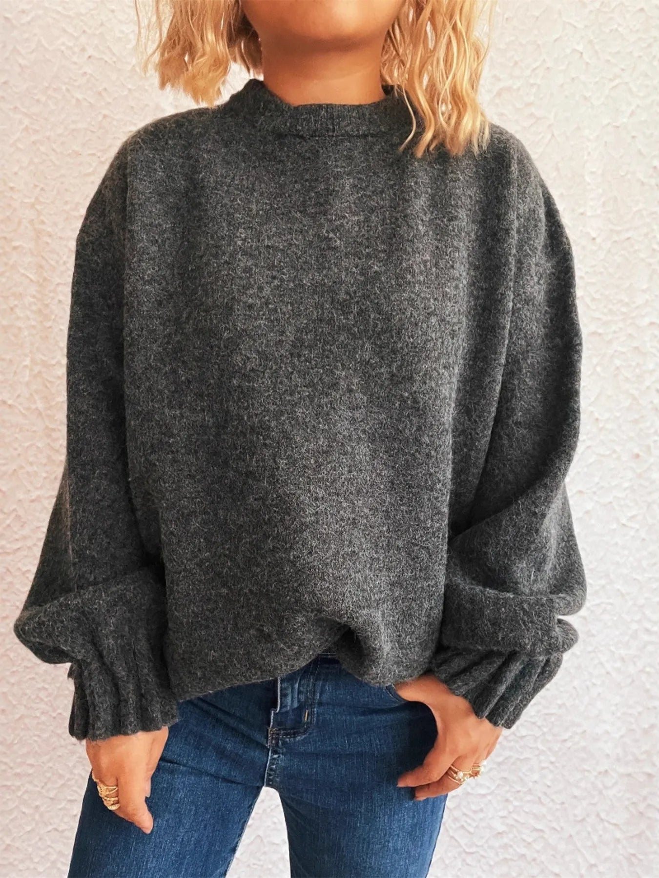 Round Neck Dropped Shoulder Sweater Dark Gray One Size - Fashorio