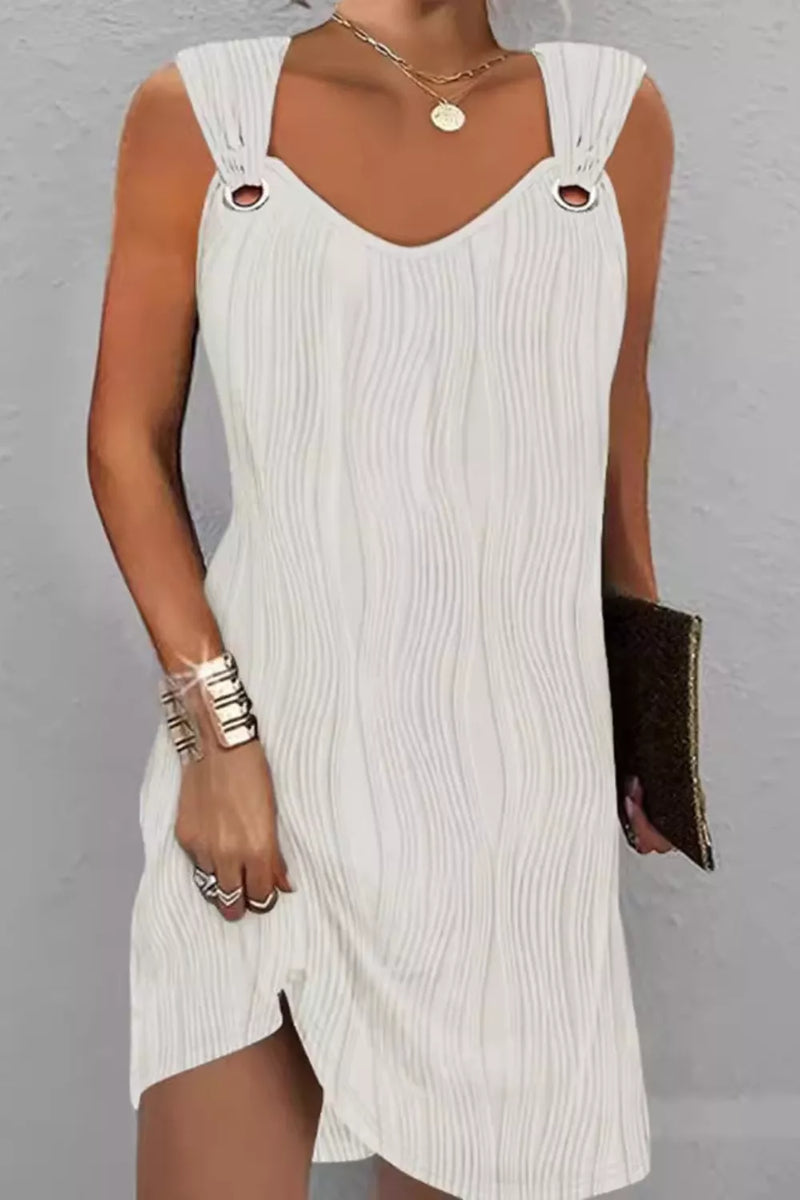 White sleeveless textured casual mini dress front view