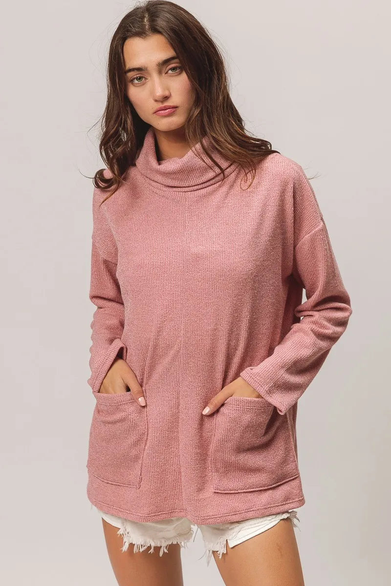 Ribbed Double Pocket Turtleneck Sweater in Mauve back view