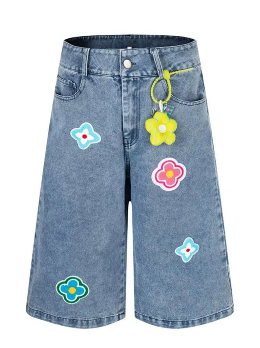 Men's Flower Patch Denim Shorts Nostalgic Light Blue - Fashorio