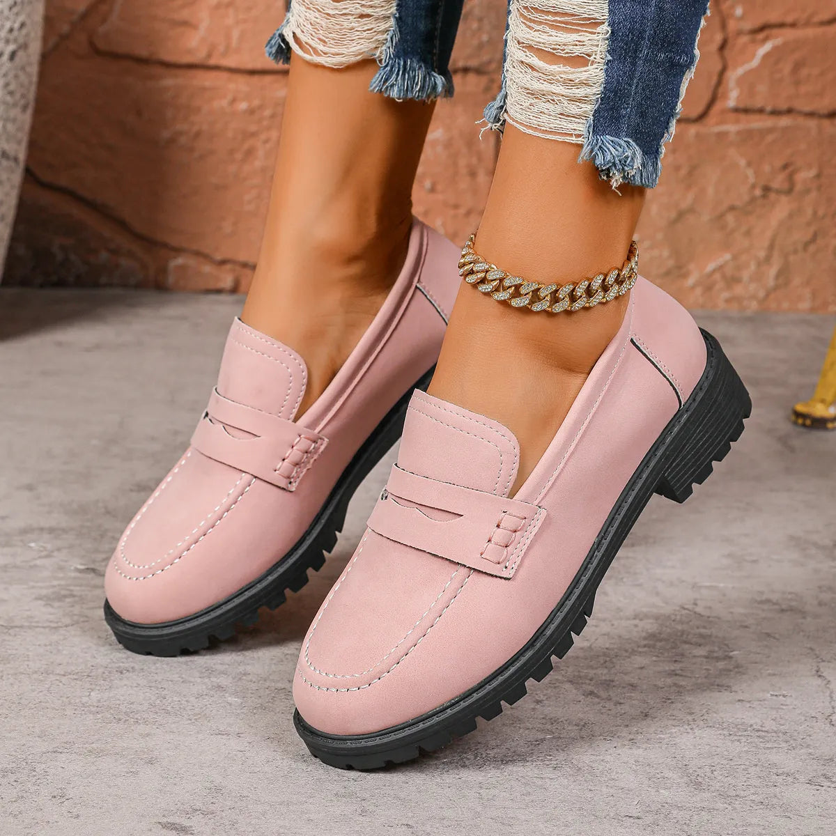Round Toe Block Heels Loafers Pink - Fashorio
