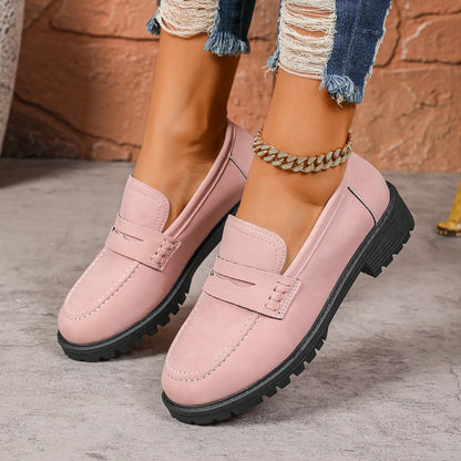 Round Toe Block Heels Loafers Pink - Fashorio