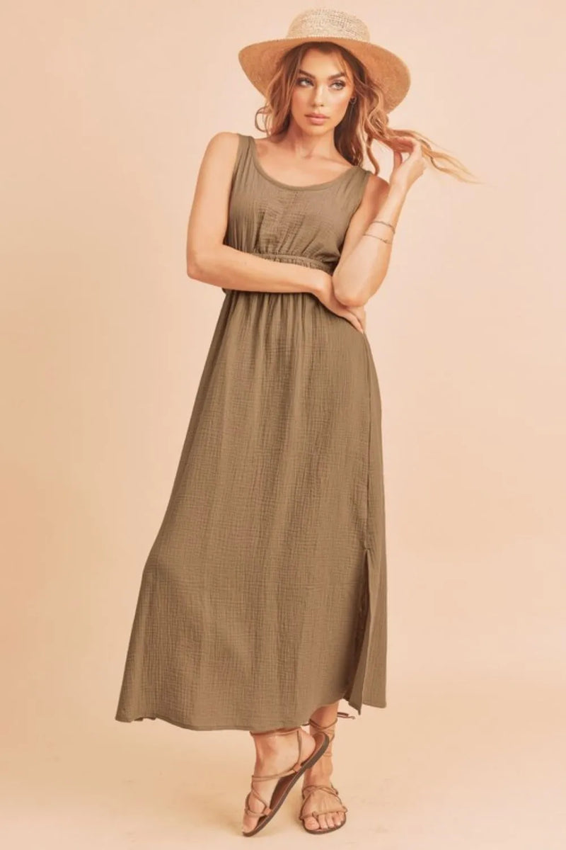 Side slit sleeveless tank dress in taupe front view