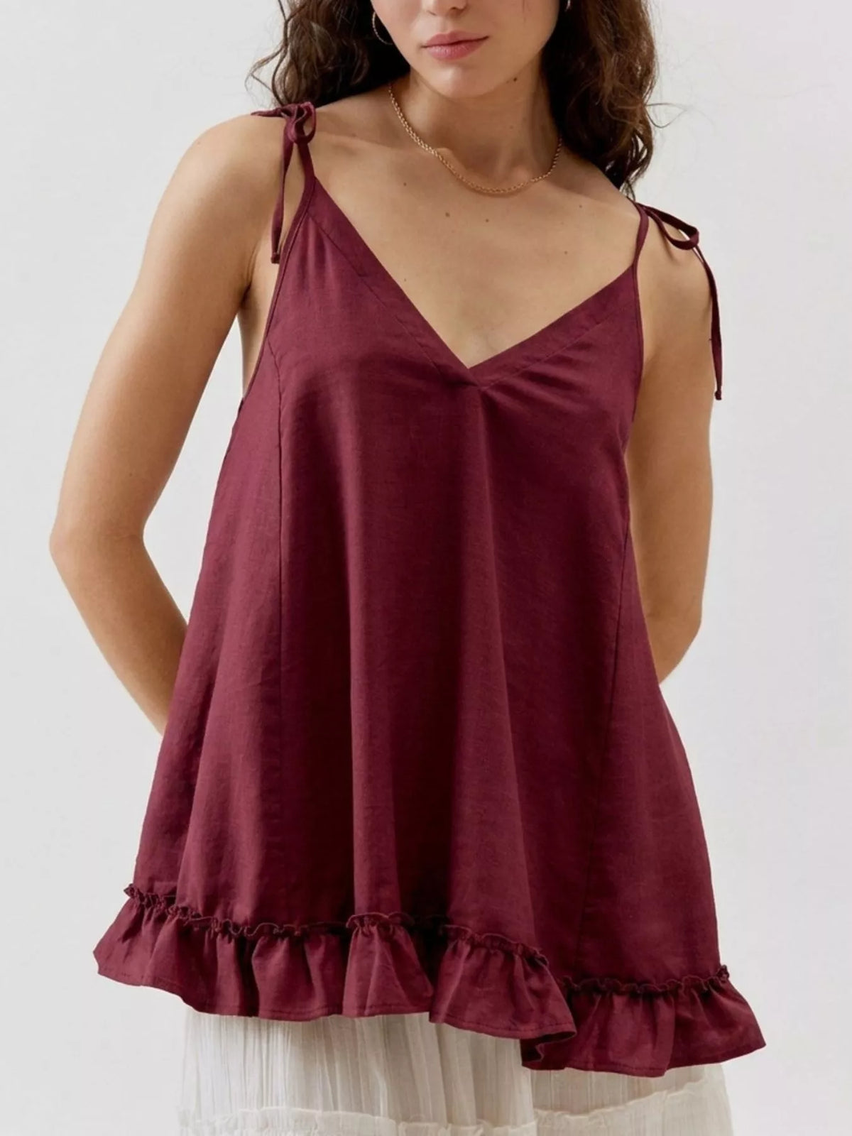 Tie strap ruffle hem cami front view