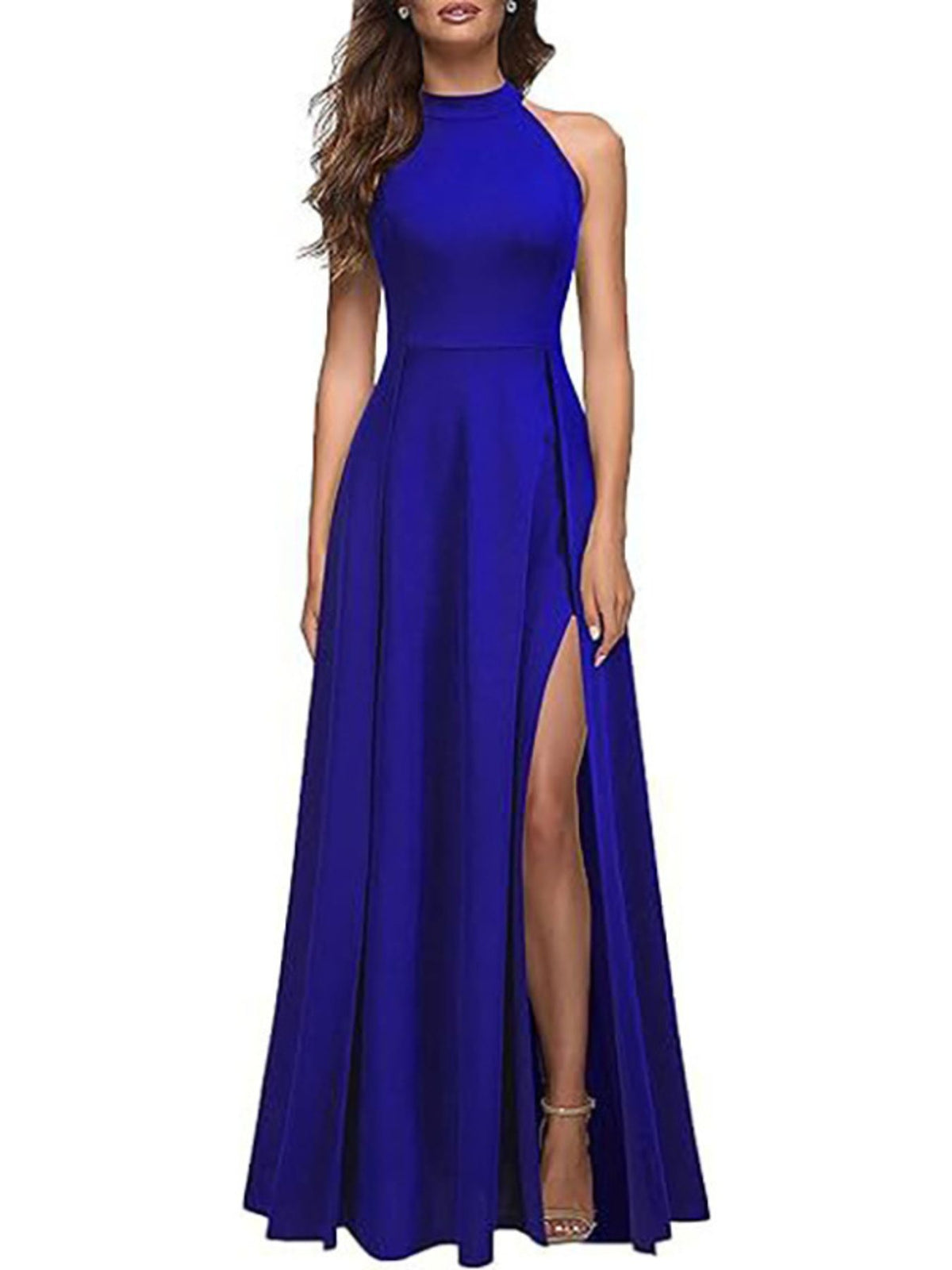Model walking in the sleeveless slit maxi dress