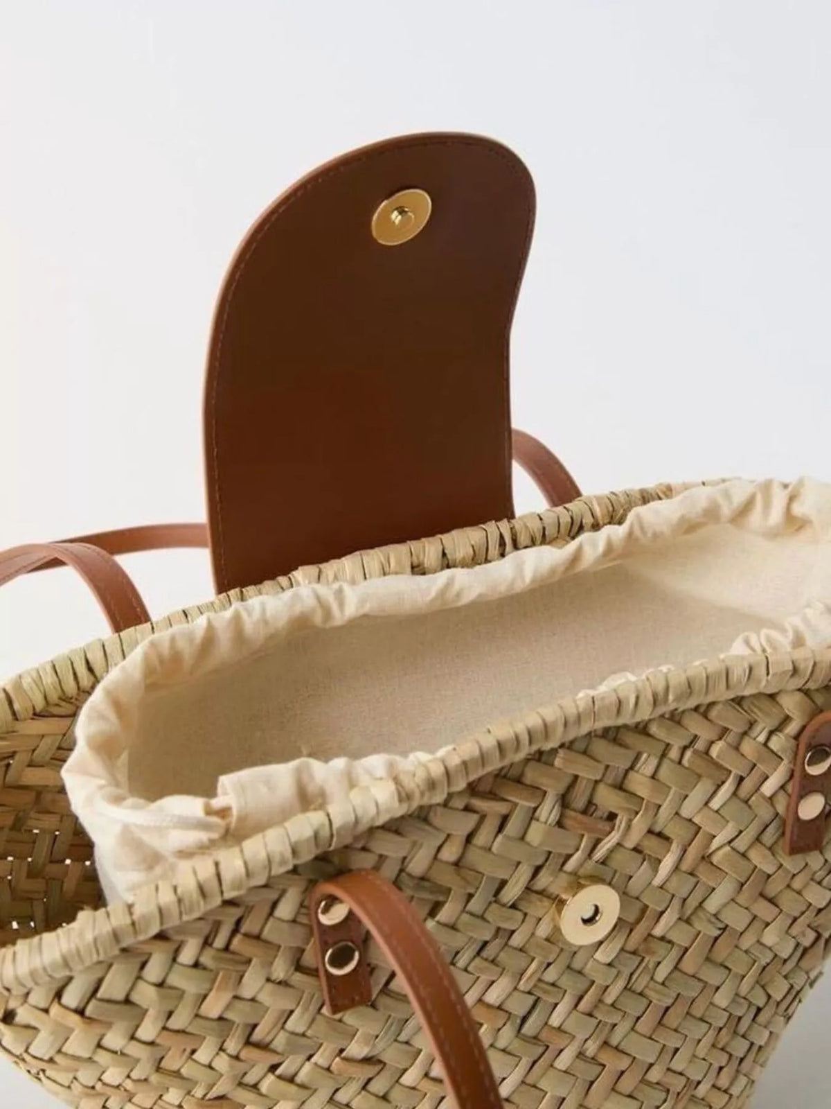 Interior of woven straw purse