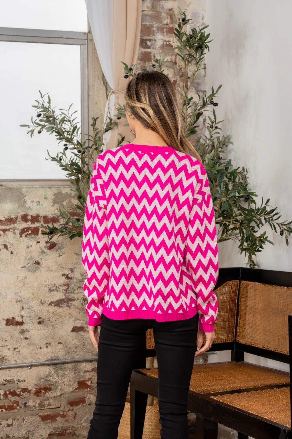 Wave Stripe Contrast Long Sleeve Sweater in Fuchsia and Ivory back view