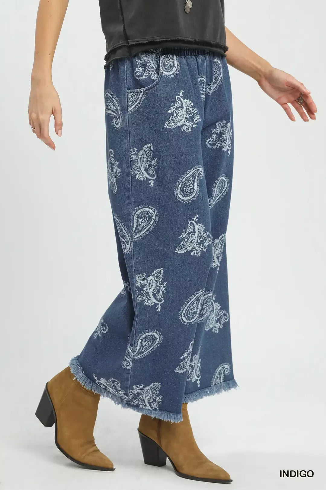 Paisley print wide leg denim pants side view
