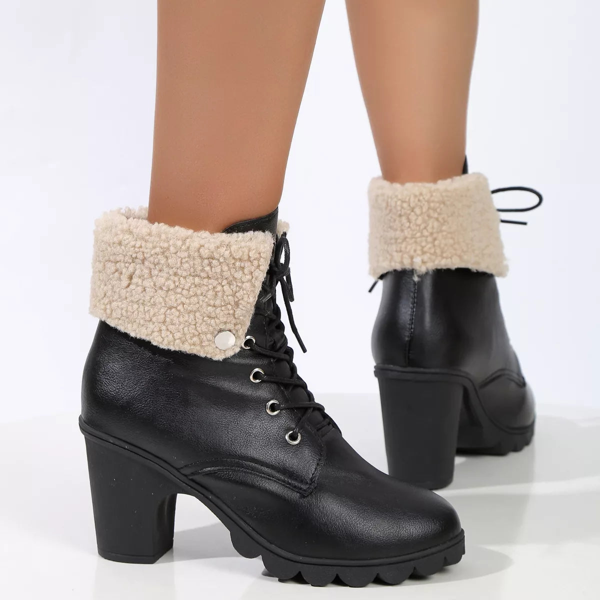 Lace up block heel boots toe close up