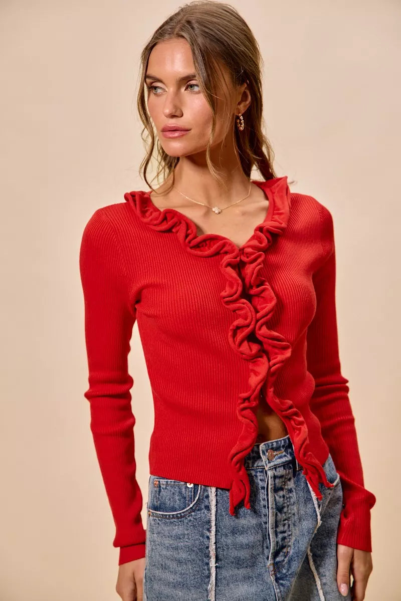 Cascade Ruffle Ribbed Knit Sweater Cardigan, view 16
