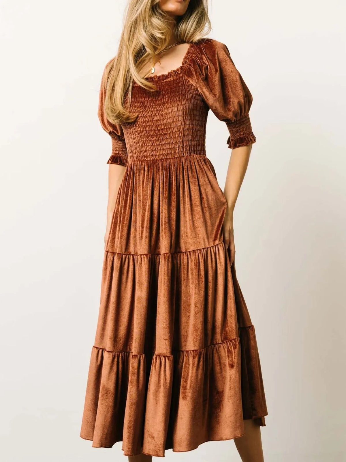 Smocked Half Sleeve Tiered Midi Dress three quarter view