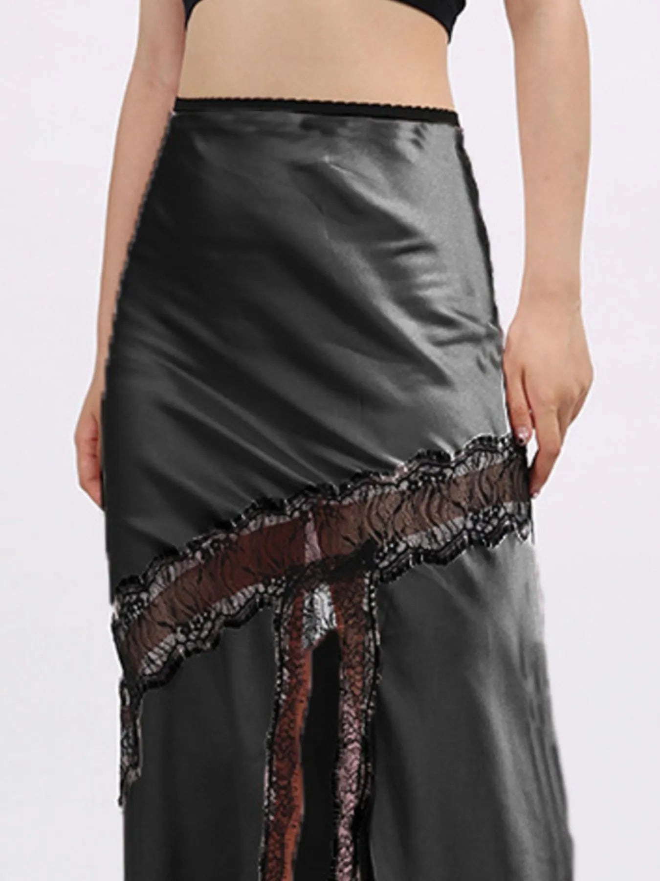 Lace Trim Asymmetrical Midi Skirt - Fashorio