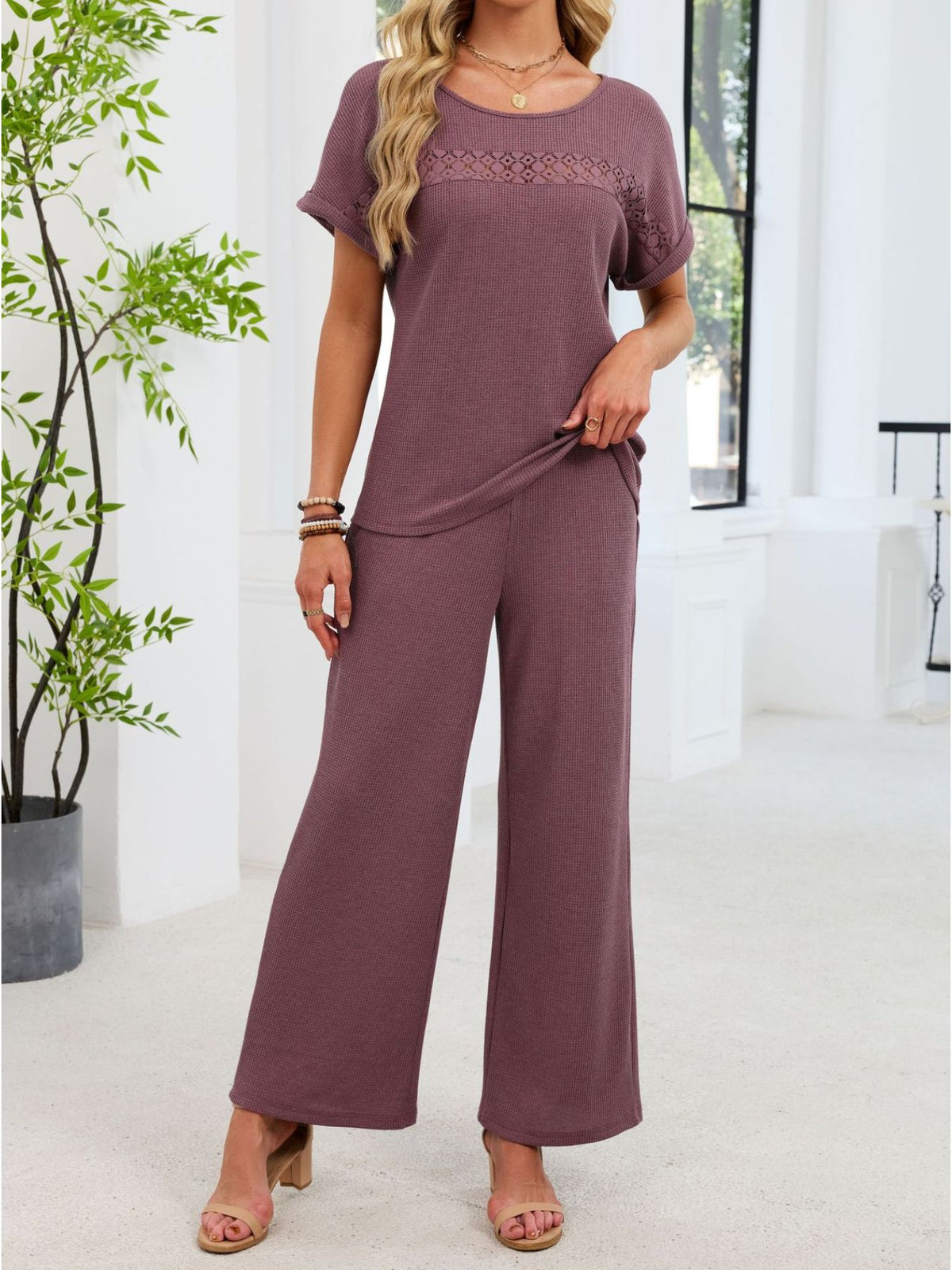 Lace Detail Short Sleeve Top and Pants Set, view 5