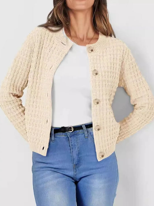Button-Up Long Sleeve Cardigan Tan - Fashorio