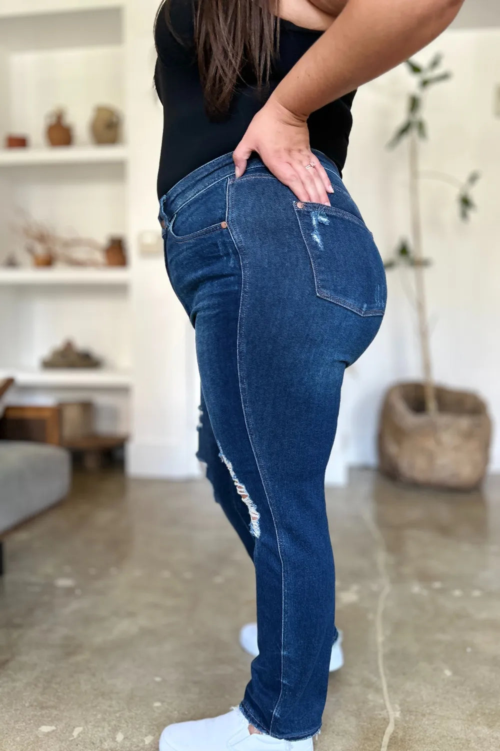 Judy Blue Full Size High Waist Rigid Magic Heavy Destroy Straight Jeans - Fashorio