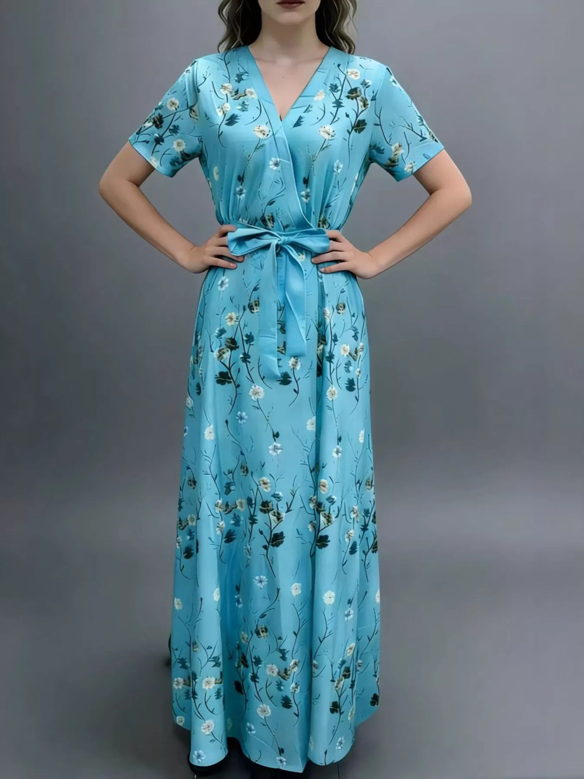 Floral Print Short Sleeve Wrap Maxi Dress front view