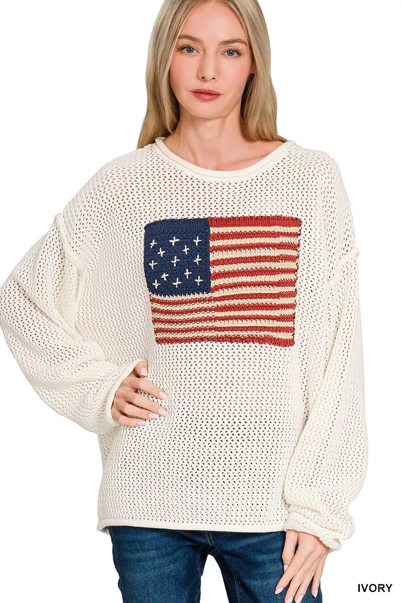 American Flag Crew Neck Sweater in Ivory