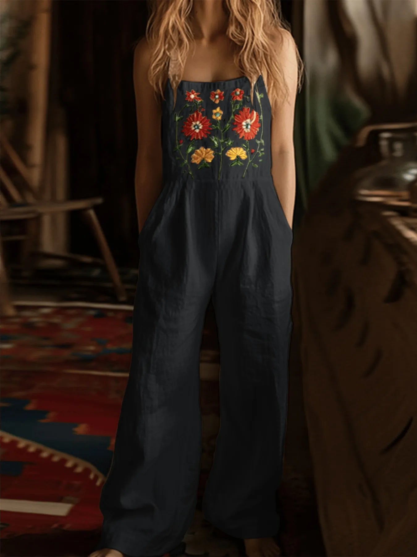 Floral Embroidered Wide Leg Jumpsuit - Fashorio