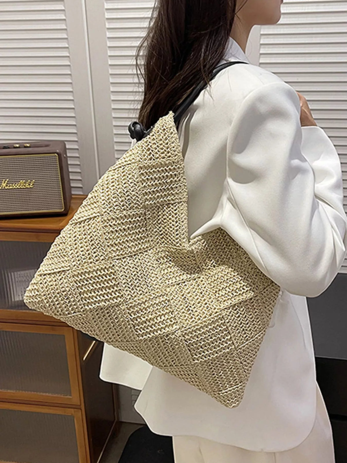 Interior of off white straw purse