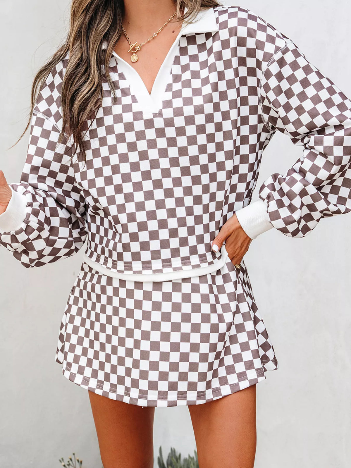 Checkered Print Polo Collar Cropped Long Sleeve Top and Drawstring Mini Skirt Set