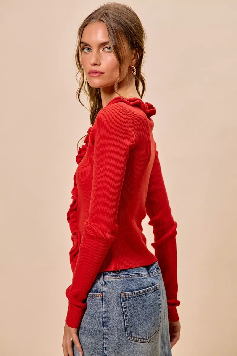 Cascade Ruffle Ribbed Knit Sweater Cardigan, view 19