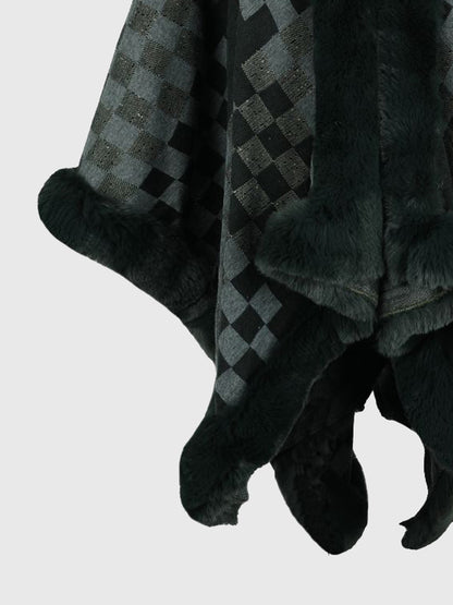 Checkered Faux Fur Trim Poncho - Fashorio