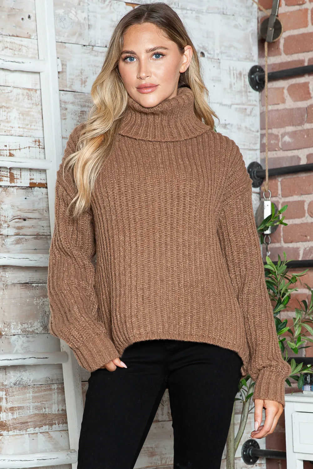 Turtleneck Dropped Shoulder Pullover Sweater - Fashorio