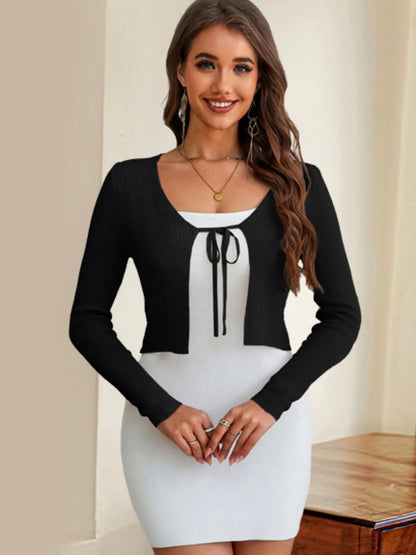 Tie-Front Long Sleeve Cardigan Black - Fashorio