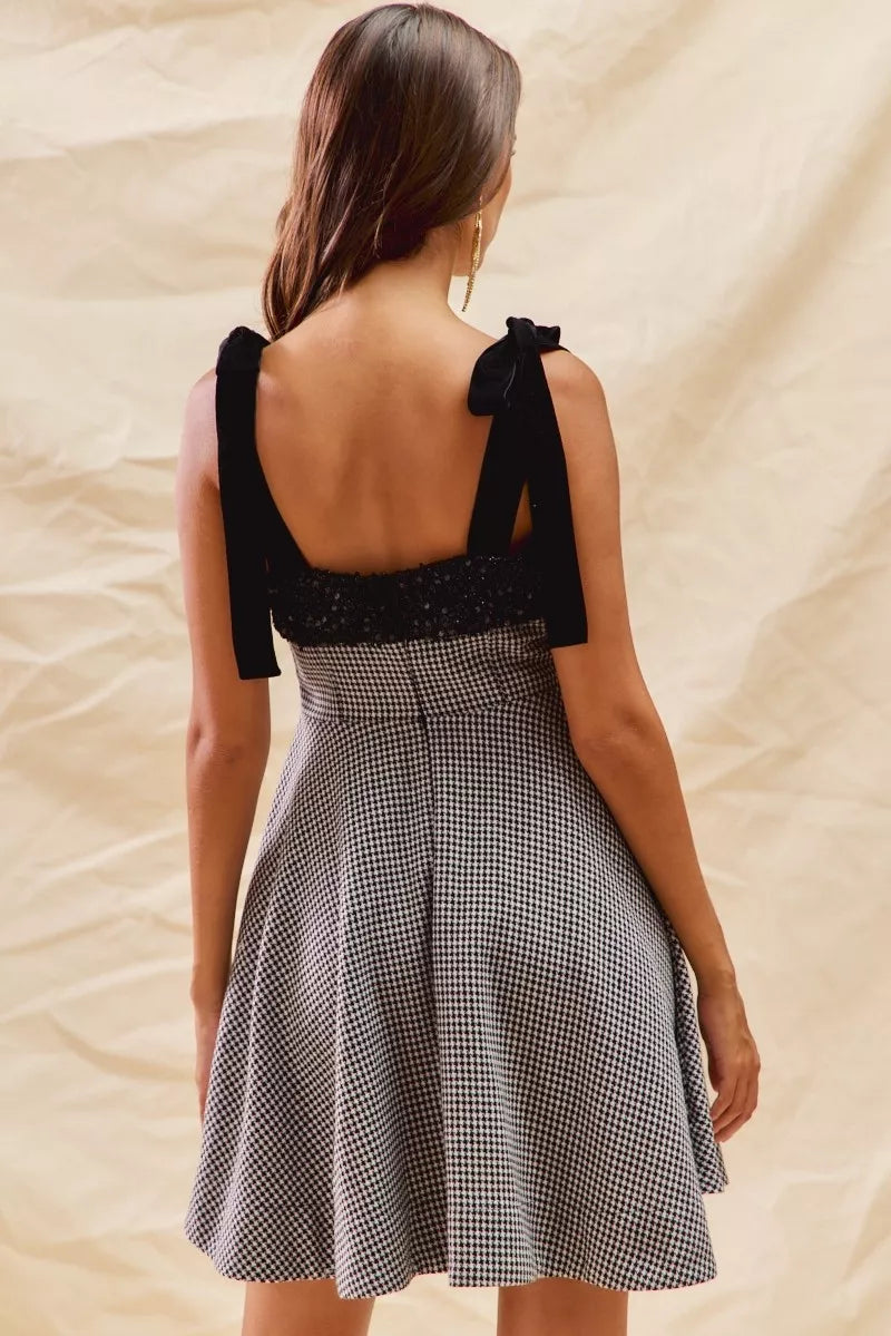 Houndstooth Fit and Flare Mini Dress in Black back view
