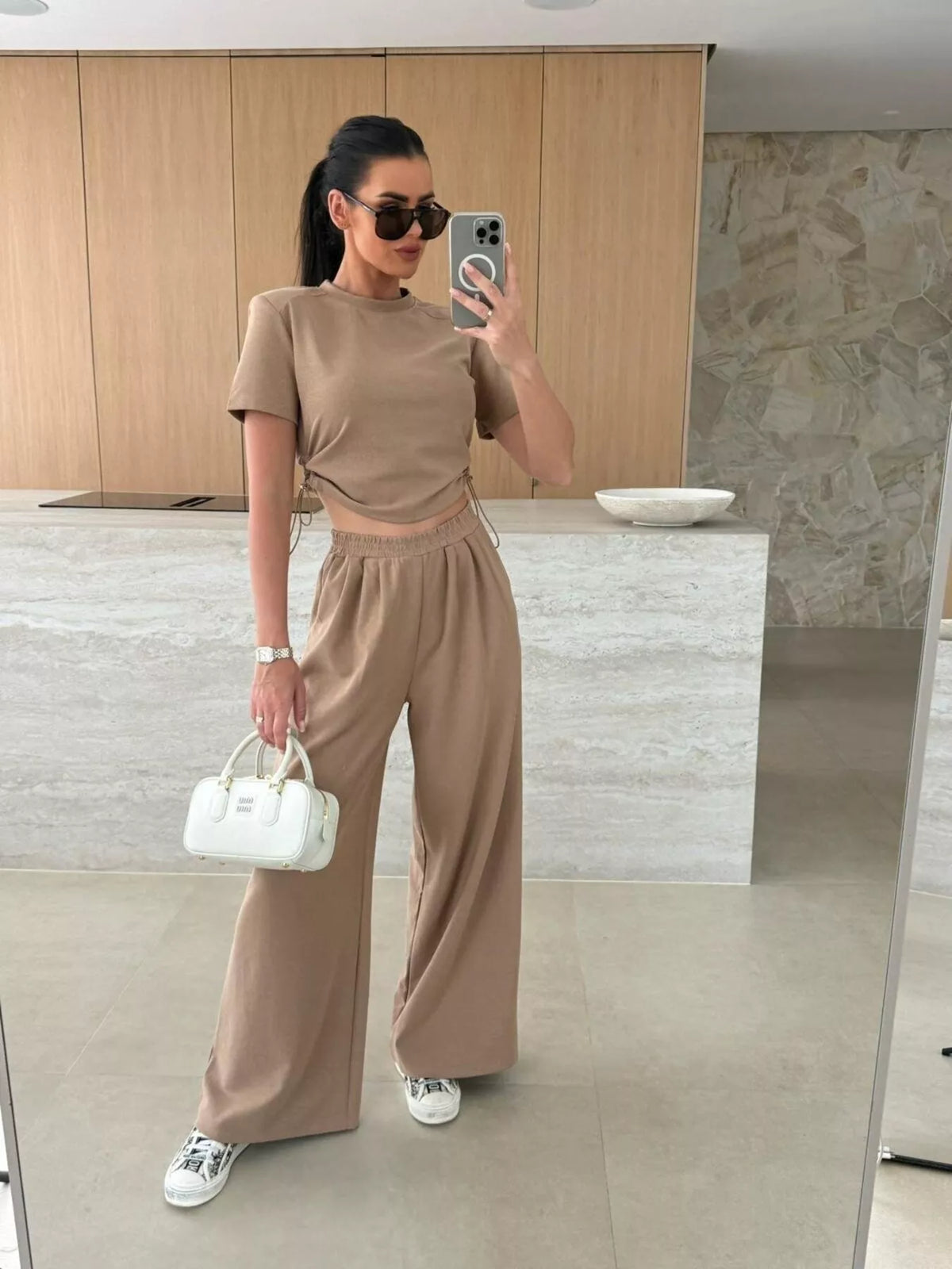 Drawstring Crop Top and Wide Leg Pants Set, view 10