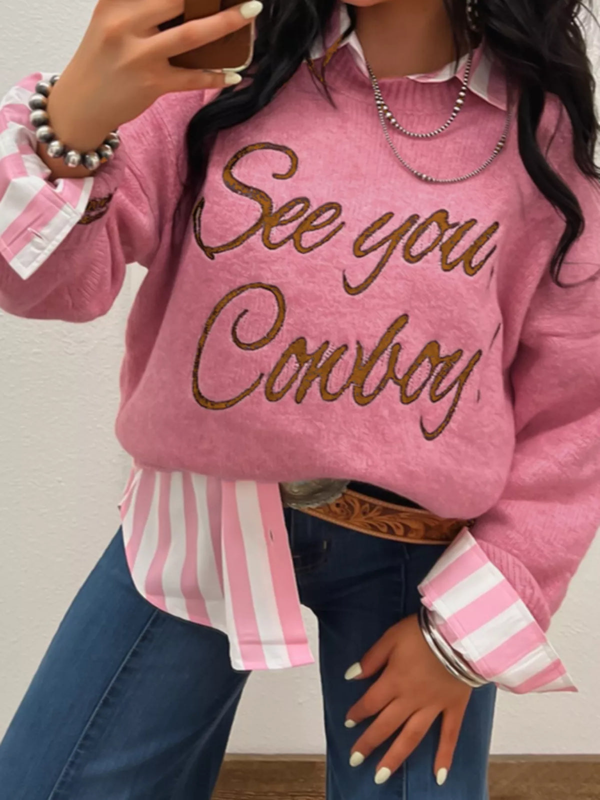 Dusty Pink graphic round neck sweater side view